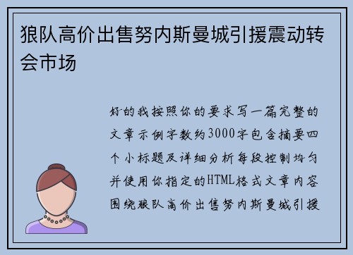 狼队高价出售努内斯曼城引援震动转会市场